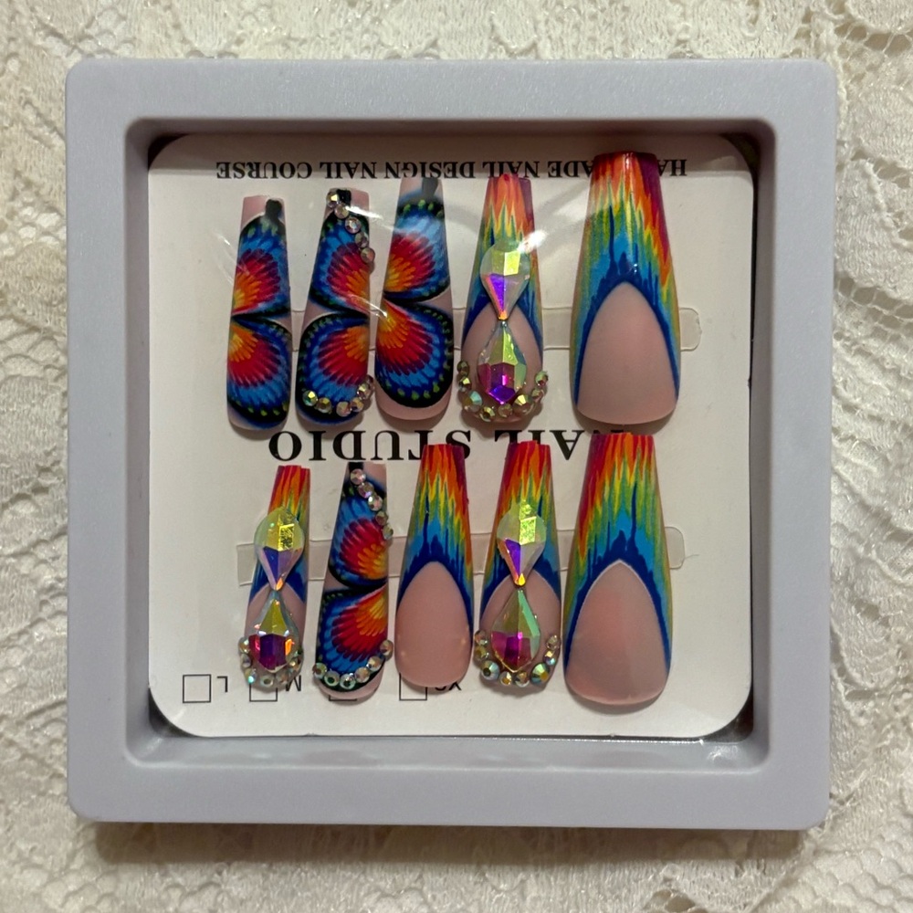 Tie-dye butterfly bejeweled press on nails